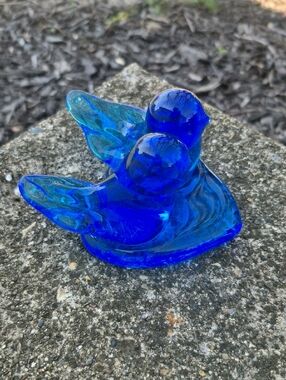 Azure Glass Lovebird Pair on Heart